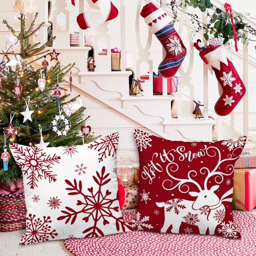 Christmas Pillow Covers Set of 4 22x22 Inches - Red & White Snowflake Decorative Cushion Covers for Sofa, Bed, Home Winter Decor Variation of Red / 22" x 22"