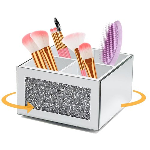 HMRCYTE Rotating Makeup Brush Holder Glass, 360 Rotating Crystal Makeup Brush Organizer, Cosmetic Brush Storage Box Crushed Diamond Home Decor Silver Glass Brush Holder for Vanity Dresser 4 Slots