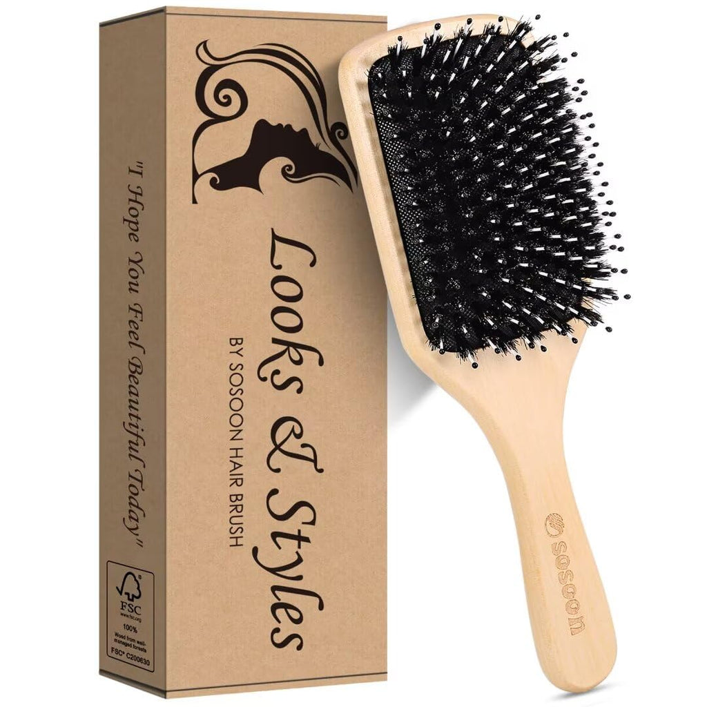 Sosoon Boar Bristle Paddle Hair Brush - Tangle-Free Styling for All Hair Types | Gift Box & Tail Comb Included