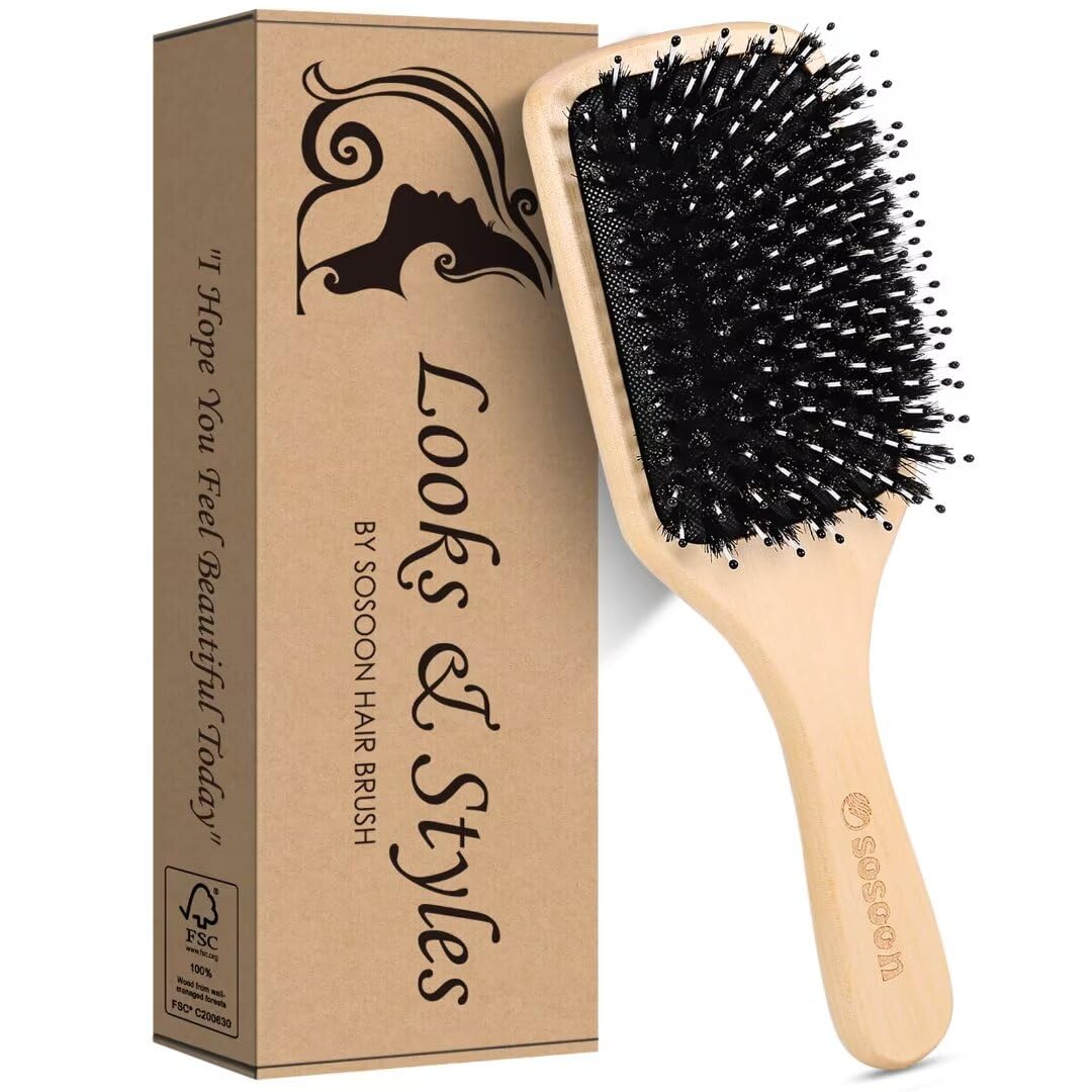 Sosoon Boar Bristle Paddle Hair Brush - Tangle-Free Styling for All Hair Types | Gift Box & Tail Comb Included