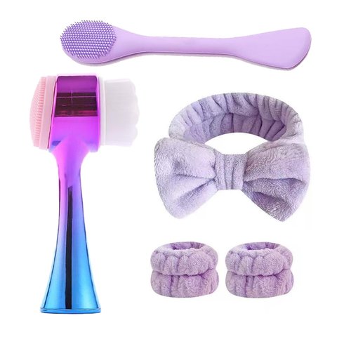 Facial Cleansing Brush 2 in 1Double-Sided Facial Cleaning Brush with Soft Bristles for Deep Pore Exfoliation, Wash Makeup, Massaging (Blue&Purple5PCS)