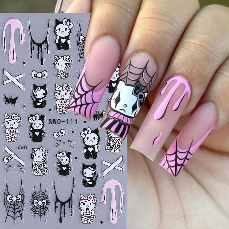 Halloween Nail Art Stickers Decals - 4 Sheets Scary Bat Spider Web Skull Black Cat - Halloween Style 02