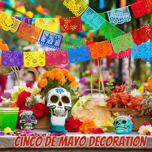 Mexican Party Decorations - Papel Picado Banner Set 131.2 Ft, 8 Designs - Bright & Reusable