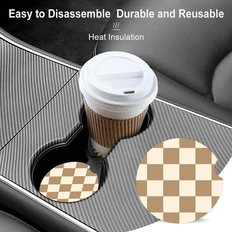 Ceramic Car Coasters with Finger Notch - Checkered Vintage Brown, Pack of 2
