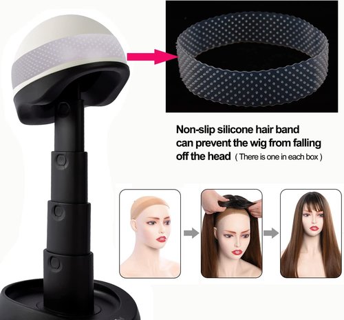 Adjustable Wig Head - Wig Stand for Travel and Salon for Styling Protection, Collapsible Compact Stand, Expands Long and Short Wigs (White & Black)