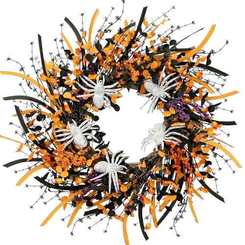 Halloween Wreath 23 Inch Artificial Spider Front Door Decoration - Black