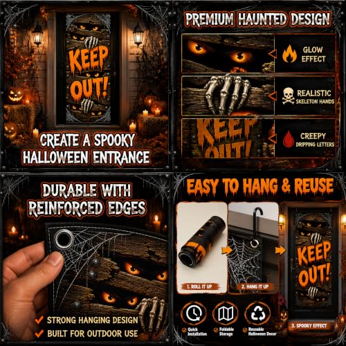 Halloween Door Decorations Keep Out Banner - Large Haunted House Design, Orange Black White Variation