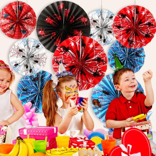 Spider Paper Fans 9 Pcs Birthday Party Hanging Decor - Spider Theme Variation
