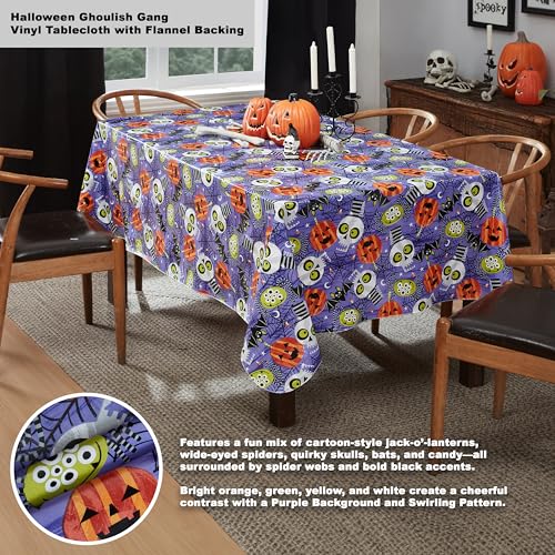 Ghoulish Gang Halloween Vinyl Tablecloth 84x60 Inch with Flannel Backing - Fun Skull Pumpkin Design