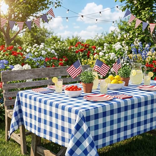 120x56 Inch Blue and White Buffalo Plaid Tablecloth - Checkered Farmhouse Decor