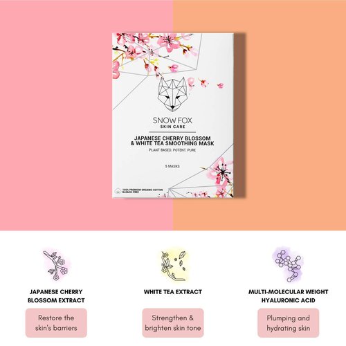 Snow Fox Japanese Cherry Blossom & White Tea Smoothing Sheet Mask – Hydrating Face Mask for Glass Skin Glow & Bridal Makeup Prep – Moisturizing Facial Skin Care for all Types – 5 Pack