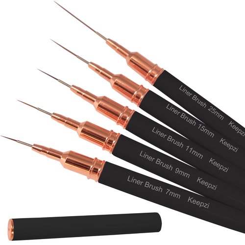 Keepzi Professional Detail Nail Art Paint Liner Brush Set, 5Pcs Small Polish Design Tech Nail Tip Fine Line Striping Brushes, 25/15/11/9/7Mm Skinny Long Bristle Nails Drawing Pincel Para Uñas (Black)