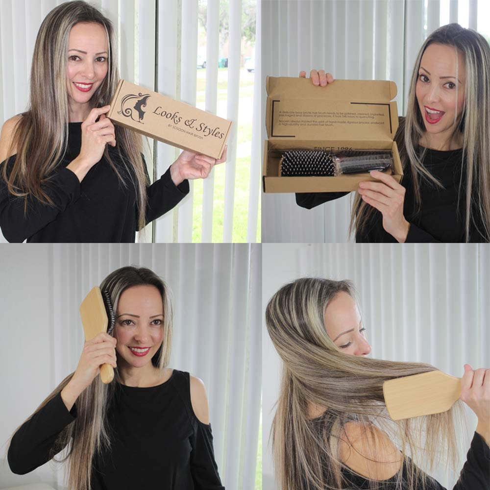 Sosoon Boar Bristle Paddle Hair Brush - Tangle-Free Styling for All Hair Types | Gift Box & Tail Comb Included