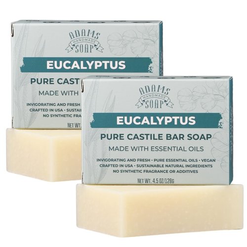 Adams Handmade Soap Eucalyptus Pure Castile Bar Soap – 4.5 oz | Vegan, Cold Process, Essential Oils, 84% Organic, Fair Trade, No Additives, USA Made