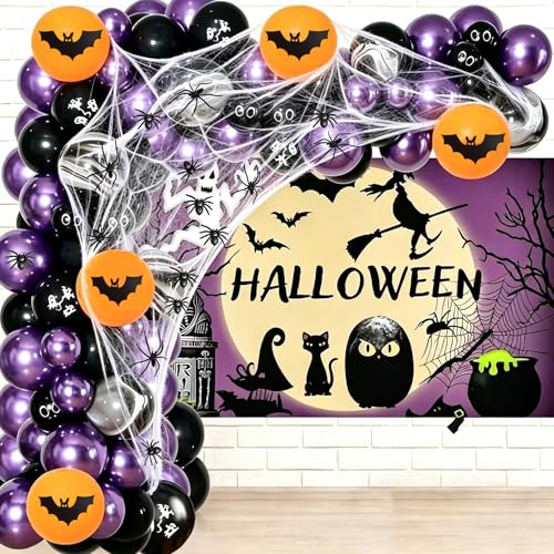 Halloween Balloon Garland Kit with Spiders Web and Spooky Balloons for Party Decorations