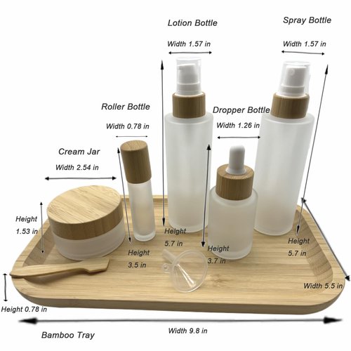 BEECO GIF2U Empty Refillable Frosted Glass Cosmetic Containers with Bamboo Cover - 5 Pack, Spray Bottle, Lotion Pump, Dropper, Roller and Cream Jar for Cosmetic Storage with Tray