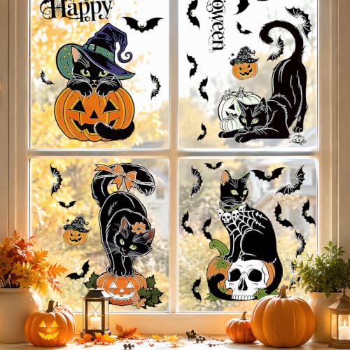 Halloween Window Clings - Black Cat Pumpkin Glass Decoration, Static Reusable