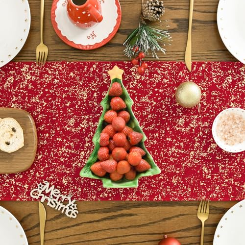 Red Dutch Fleece Table Runner 13x90 Inch Holiday Dining Decor Glitter Metallic Foil