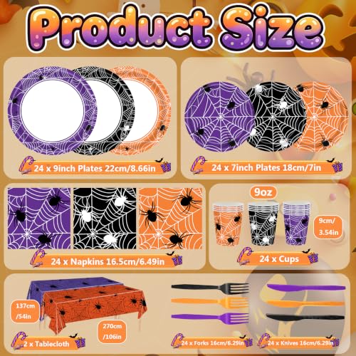 Halloween Spider Web Party Tableware Set for 24 Guests - Plates, Napkins, Cups, Forks & Tablecloths