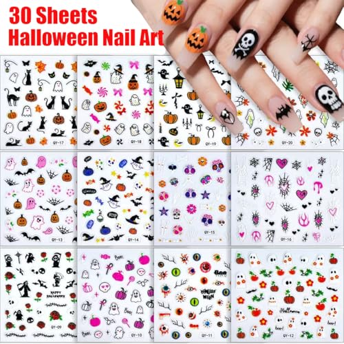 Halloween Nail Stickers 3D Embossed Ghost Pumpkin Web & Skull Design Style-18