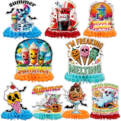 Summer Halloween Ghost & Beach Honeycomb Centerpieces - 9 Pack
