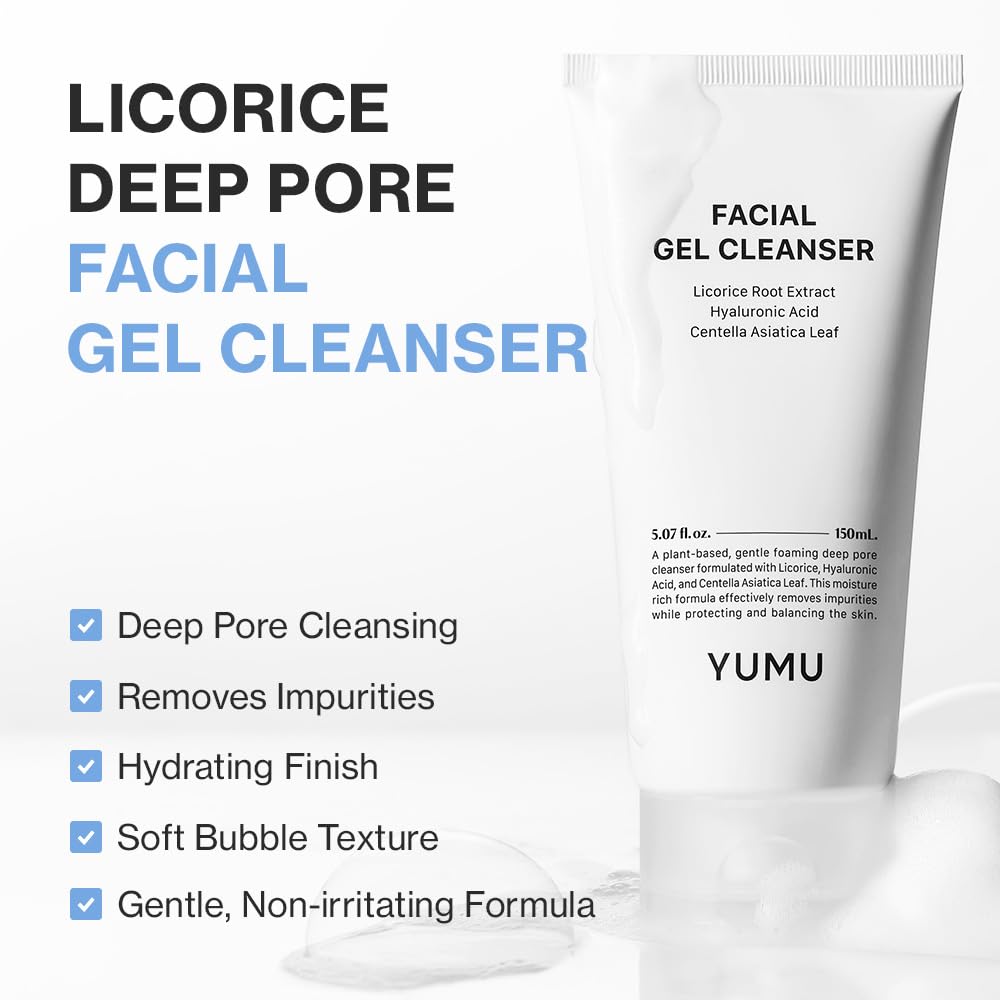 YUMU Licorice Deep Pore Facial Cleanser, for Double Cleansing, Centella Asiatica + Ceramide NP + Glycerin, Hydrating Gel Cleanser, Blackhead Remover, Korean Skincare (150ml/5.07 fl.oz.)
