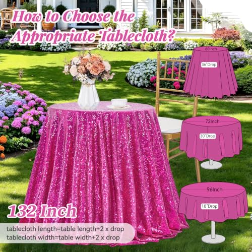 Fuchsia Round Sequin Tablecloth - 132 Inch Glitter Cover for Wedding & Party