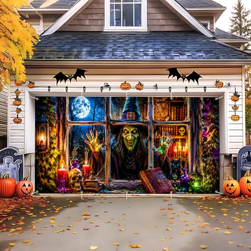 Halloween Garage Door Banner Cover - Spooky Witch & Black Cat Wall Mural - 7x16 FT - Variation 247