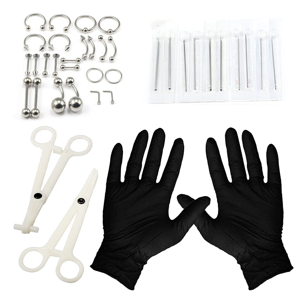 Vsnnsns 316L Surgical Steel Body Jewelry Piercing Kit with 12G-20G Needles for Nose, Septum, Lip, Tongue, Belly, Eyebrow, Rings, Ear Piercing - Silver