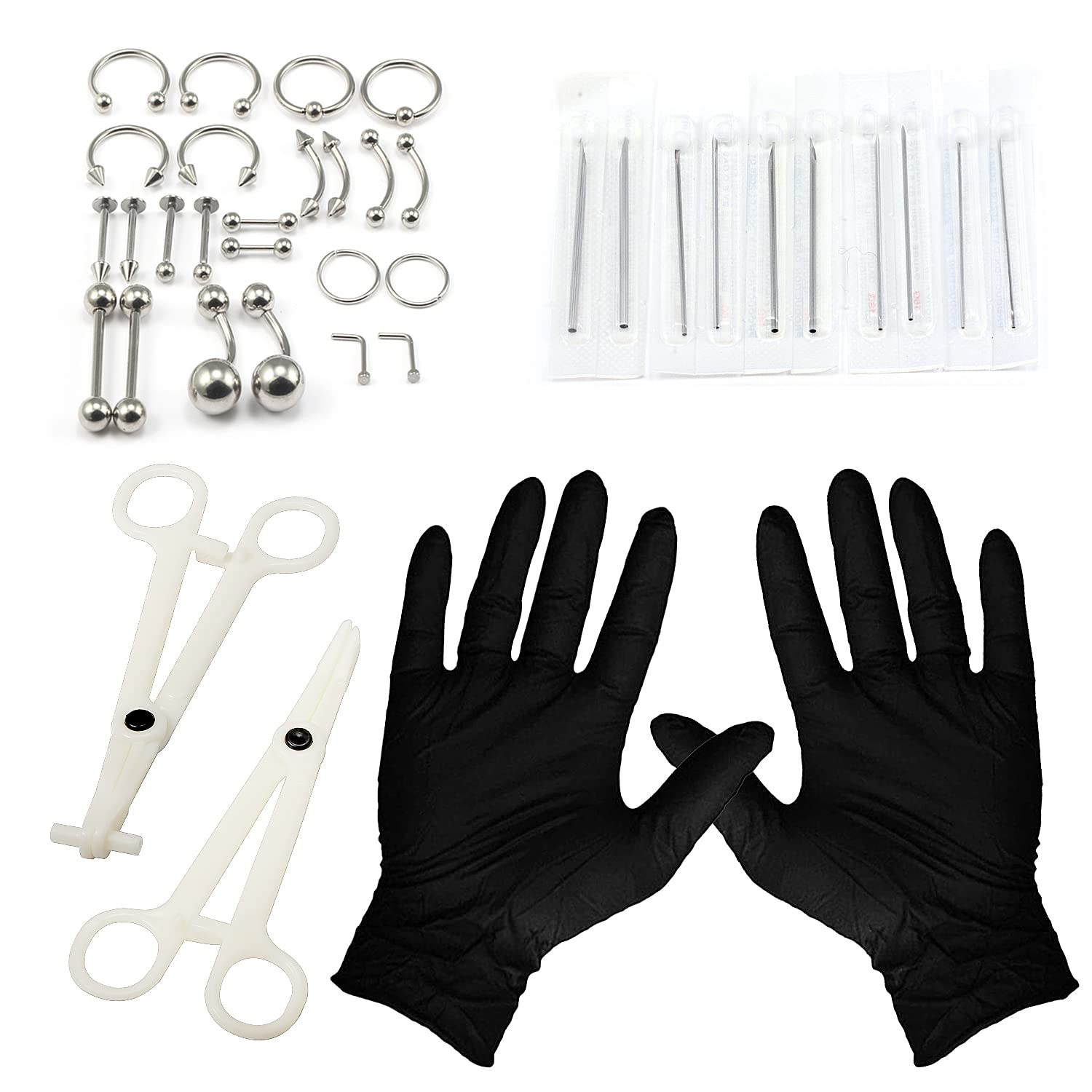 Vsnnsns 316L Surgical Steel Body Jewelry Piercing Kit with 12G-20G Needles for Nose, Septum, Lip, Tongue, Belly, Eyebrow, Rings, Ear Piercing - Silver
