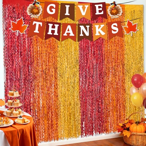Thanksgiving Foil Fringe Curtain Backdrop with Give Thanks Banner - 2 Pack - Fall Party Decorations - Thanksgiving Variation