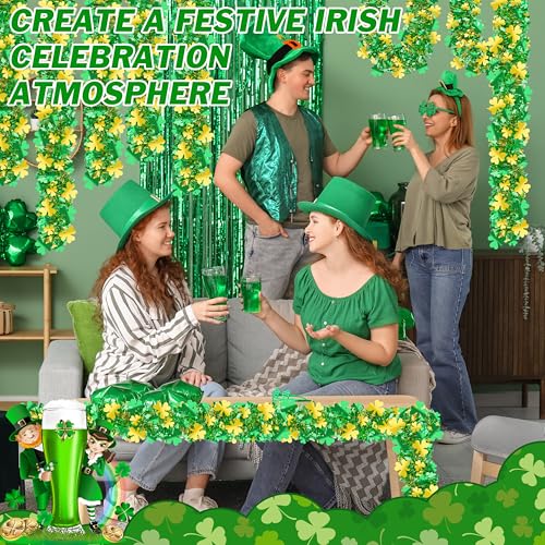 Gold Green Shamrock Tinsel Garland - 66FT St Patrick's Day Decor, Shiny Metallic Streamer for Indoor Outdoor Irish Party Supplies - Variation of Gold Green