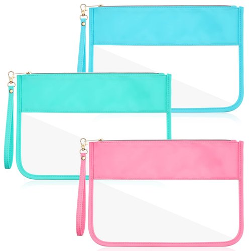 Sanwuta 3 Pcs Clear Flat Zipper Pouches for Travel Women, Nylon Waterproof PVC Makeup Snack Bags Set Organizer Portable Storage DIY Chenille Letter Beach Stuff Toiletry Gym(Pink, Green, Blue)