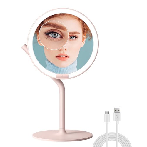 AMIRO Professional 8" LED Lighted Makeup Mirror with 5-Level Brightness, with 5X Magnifying Small Mirror, Tabletop Rechargeable Cosmetic Mirror with Touch Control 180°Rotation