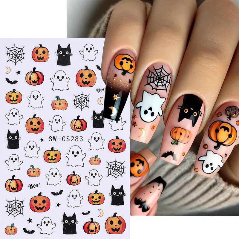 Halloween Nail Stickers Set Little Ghost – 10 Sheets Pumpkin & Ghost Face Decals for DIY Manicure