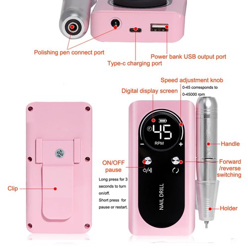Electric 45000RPM Nail Drill Machine Rechargeable Portable Nail File Electric DIY Nail Drill Kit with Smart LCD Screen for Gel Nail Manicure and Pedicure Reflective Body etc(Dazzle)