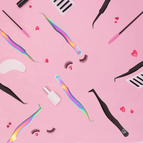 M LASH Eyelash Tweezers for Eyelash Extensions (Set of 4) - Professional Lash Extension Tweezers - Fiber Tip Lash Tweezers, Japanese Steel, Diamond Grip For Flawless Application (White)
