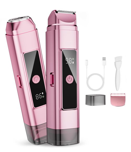 Dynooper Bikini Trimmer for Women Electric Razors, Electric Razor 2 in 1 Shaver Pubic Hair, LED Display with IPX7 Waterproof - Rechargeable Lady Trimmer for Underarm Body Leg Face - Carmine Pink