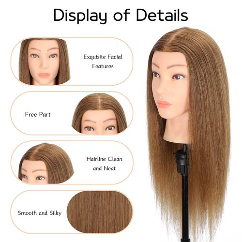 MQHIHI Mannequin Head Human Hair, 100% Real Hair Cosmetology Manikin Head for Practice Braiding Hairstyling Cutting with Free Clamp Holder and Tools (100% Light Brown)
