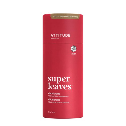 ATTITUDE Plastic-Free Deodorant - EWG Verified, Aluminum-Free, Vegan, Vine Leaves & Pomegranate, 3 Oz