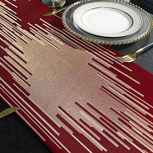 Red Faux Silk Table Runner 13x120 Inches with Tassels - Modern Geometric Design