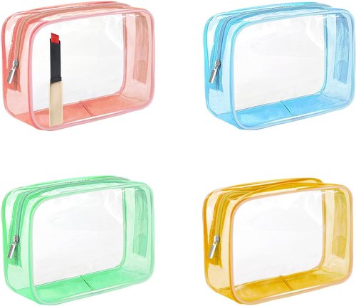 Skiennix Clear Makeup Bag Set - TSA Approved Toiletry Organizer | 4 Small Cosmetic Pouches in Pink, Orange, Green, Blue