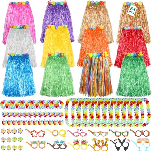 Hawaiian Party Supplies Set with 23.6'' Adjustable Hula Skirts & Accessories - 84 Pcs, Variation of THIS listing