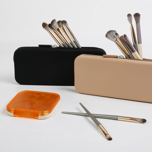 AIBFRID 2PCS Silicone Makeup Brush Bag Travel Zipper Makeup Bag Small Makeup Brush Case Makeup Brush Holder for Travel(Black, Khaki)