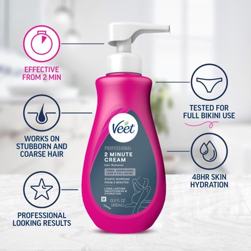 Veet Professional Dermatologically Tested 13.5 Fl Oz. 2 Minute Hair Removal Cream with Spatula for Arms, Underarms, Legs & Full Bikini (2 Pack)