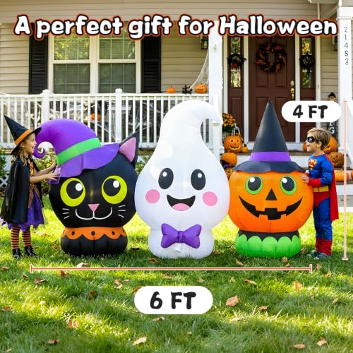 6FT Halloween Inflatable Pumpkin Ghost & Cat Outdoor Decorations with LED Lights - Yard & Garden Decor