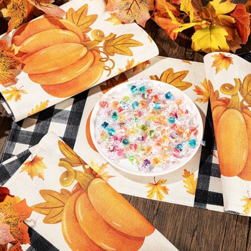 Halloween Placemats Set of 4 - Double Sided Buffalo Plaid Pumpkin Design, 12x18 Inches - Pumpkin Variation