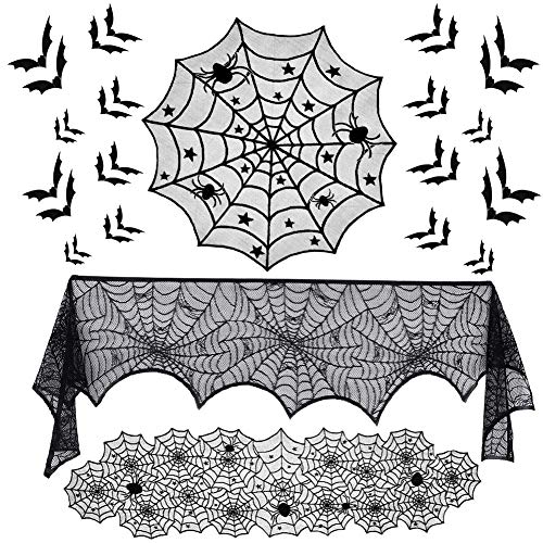 Halloween Decorations Set with Lace Web Table Runner & 3D Bats Wall Stickers - Black