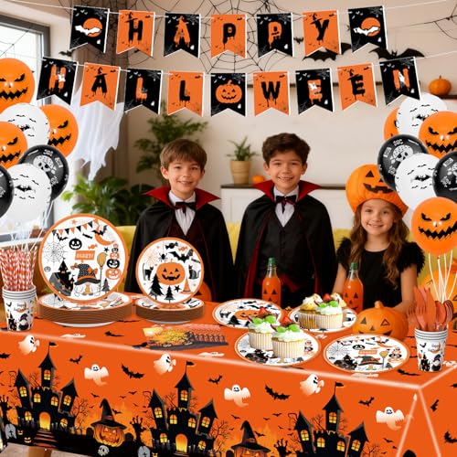 Halloween Party Supplies Set - 148 Pcs Pumpkin Theme Plates Cups Cutlery Balloons Banner