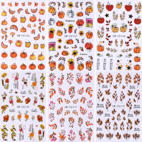 Fall Nail Stickers 6 Sheets Thanksgiving Nail Art Decals Pumpkin Maple Leaves Style 1